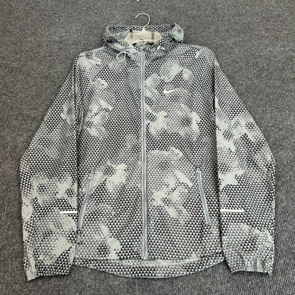 NIKE Running Women's Jacket Medium Full-Zip Hooded Black Gray Geometric‎ Sporty